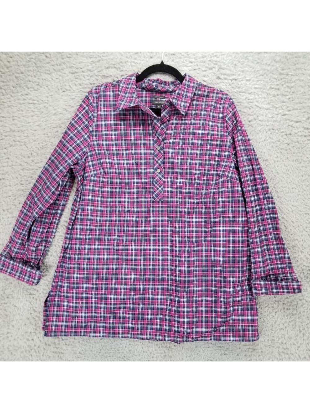Talbots Shirt Womens 16 Purple Plaid 3/4 Sleeve 1/2 Button Top
